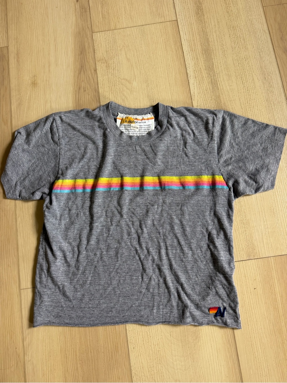 Aviator Nation Gray Tee with Rainbow Chest Stripe
